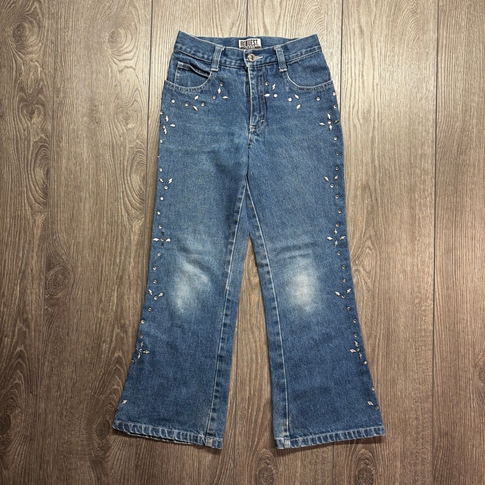 Vintage Request Jeans Y2K Rhinestone Studded Flare Leg Denim Blue Size 8 24x24